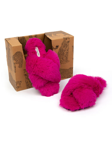 Women's Hot Pink Fluffy Cross Strap Slider Slippers